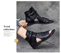 Birkuir Fashion Pleated Women Sandals Genuine Leather Flats High Top Sandals Luxury 2024 Open Toe Summer Boots Hook Loop Sandals