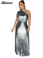 Mlaiscsr Metallic Golden One Shoulder Sleeveless Pleated A-Line Long Dress Elegant Women Luxury Birthday Evening Gowns Vestidos