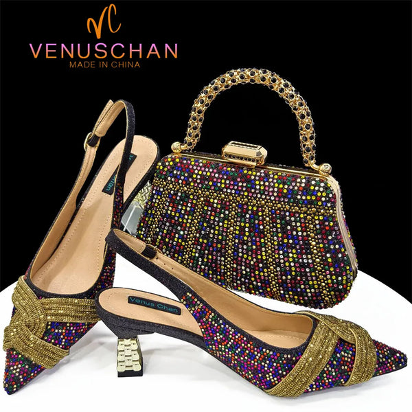 Venus Chan Black Hollow Design With Pointed Shoes And Fashion Three-Dimensional Bag Cozy Rhinestones Are Suitable For Parties