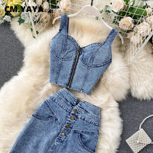 CM.YAYA Women Denim Sets Sleeveless Strap Crop Top and Long Skirts Suits 2024 Summer Jeans Streetwear Two 2 Piece Sets Outfits