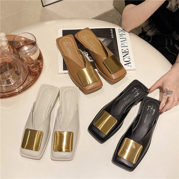 Baotou Slippers Women Wear 2024 New Korean Version of Lazy Metal Buckle Sandals Slip-on Sandals