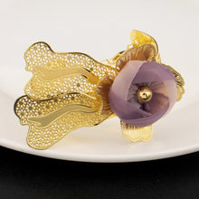 Gold Plated Purple Big Flower Necklace Earrings Bracelet Ring Set  for Women Weddings Party Luxury Jewelry Set for Dubai Bridal