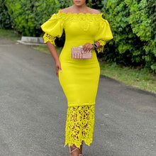 Trend Fashion Lace Midi Dress Women Slash Collar Short Sleeve Stitching Off-Neck Dress High Waist Solid Color Bodycon Sexy Dress