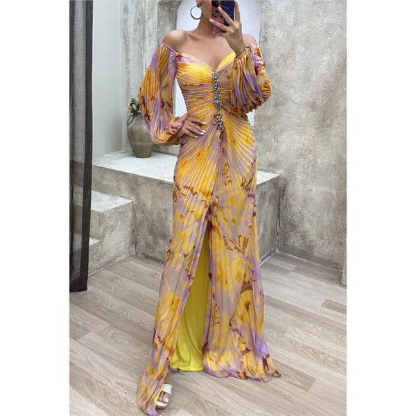 Women Floral Lantern Long Sleeve Dress Elegant Rhinestone Off Shoulder Maxi Dresses Sexy Deep V-neck  Waist Split Parties Dress