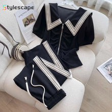 2024 New Leisure Fashion Sports Set Women's Summer Fashion Age Reducing Navy Neck Short Sleeve Wide Leg Pants Two Piece Set