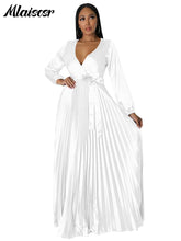 Mlaiscsr Elegant Wedding Guest Pleated Long Dress Women V Neck Lantern Sleeves Sashes Big Swing Sexy Birthday Party Evening Robe
