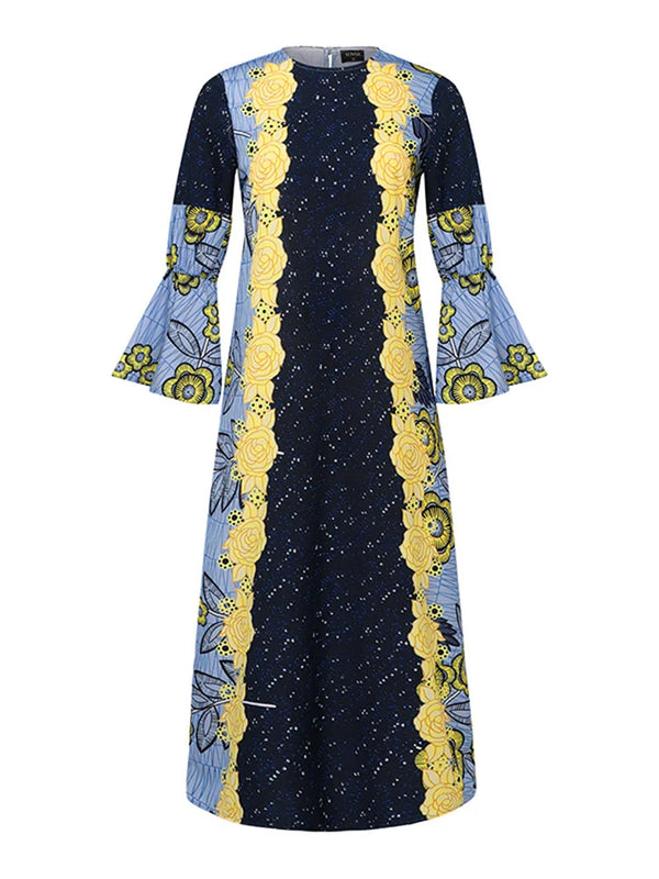 VONDA Bohemian Vestidos 2024 Women Casual Flared Long Sleeve Maxi Dresses Round Neck Loose Print Sundress Ruffles Pleated Robes