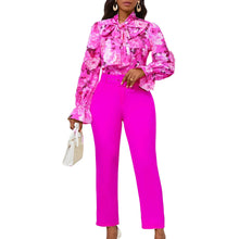 Fashion Print Two Piece Set Women Office Suits Tie Bow Neck Button Shirt + Belt Pencil Pants Elegant Slim Lady Sets Casual shirt