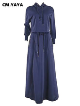 CM.YAYA Fashion Women's Set Long Sleeve Hooded Sweatshirt and High Side Split A-line Maxi Skirt Suit 2024 Two 2 Piece Set Outfit