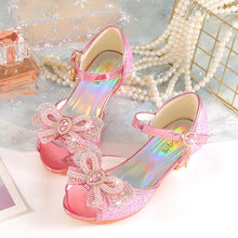 Summer Girls Sandals With Heel Fashion Rhinestone Shiny Glitter Shoes Children Princess Bowtie Dancing Shoes H876