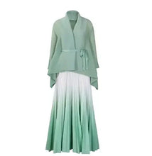 CM.YAYA Gradient Women's Set Full Sleeve Belt Blouse Shirt and Pleated Long Skirts Suit Street Two 2 Piece Set Outfit Tracksuit