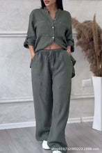 Women's Fashion Set Casual Long Sleeve Pocket Shirts + Loose Wide Leg Pants 2 Piece Set For Women Spring Autumn Women Clothes