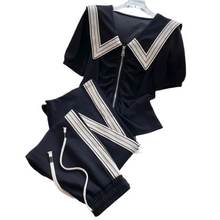 2024 New Leisure Fashion Sports Set Women's Summer Fashion Age Reducing Navy Neck Short Sleeve Wide Leg Pants Two Piece Set