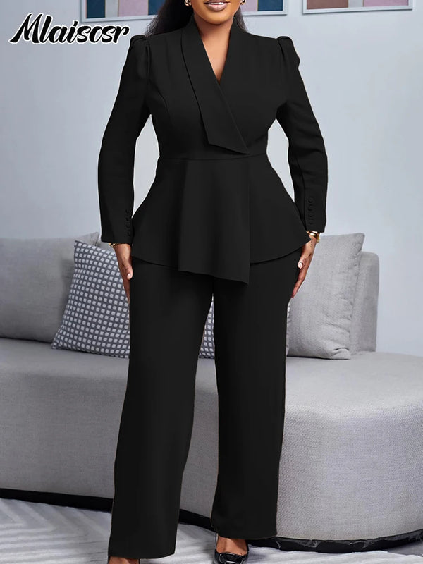 Mlaiscsr Office Lady Two Pieces Set Elegant Long Sleeves Tops and Wide Leg Straight Leg Pants Women Work Wear Business Suit 2025