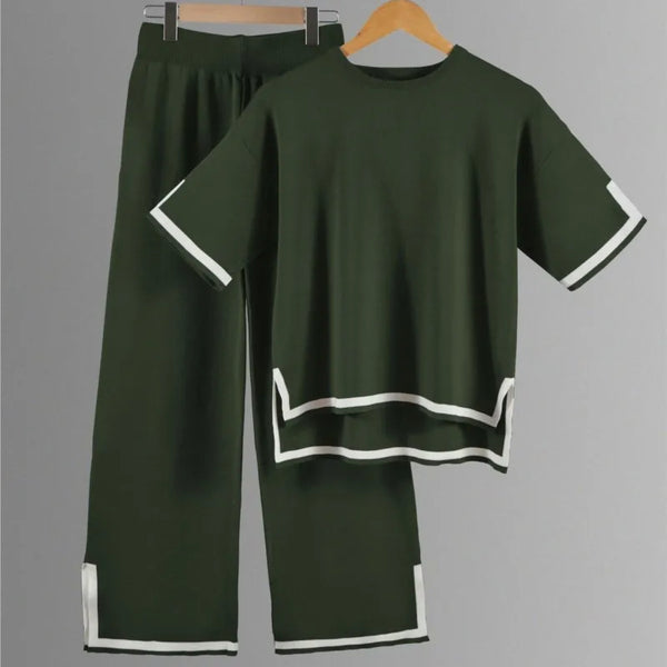 Two-piece Summer New Knitted Elegant Trousers Suit Short-sleeved Pullover Wide-leg Pants Casual Home Two-piece Women's Set