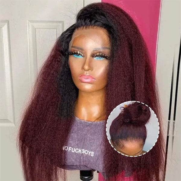 Yaki Long Ombre 99J Glueless 30'' Kinky Straight Lace Front Wig For Women With Baby Hair Synthetic Preplucked Daily Wig