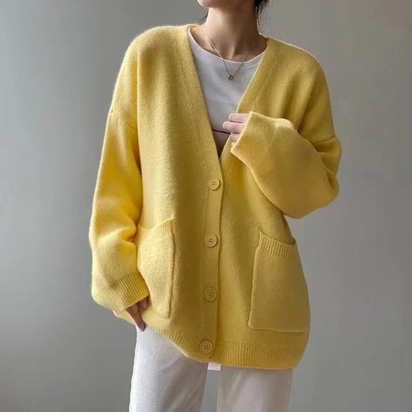 Rimcoy 2025 Chic Yellow Sweater Cardigan Women Lazy Wind Single-Breasted Knitted Cardigan Women Solid V Neck Cardigans Female