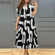 ZANZEA Women's A-line Midi Dresses Street Fashion All-Over Print Short Puff Sleeve V-Neck Robes Femme 2025 Summer Loose Vestidos