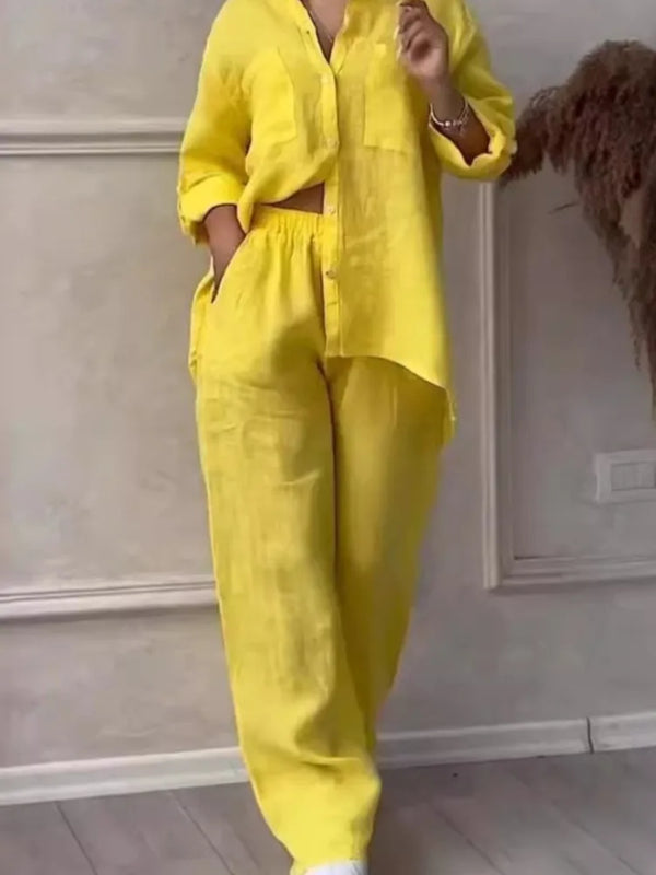 Women's Fashion Set Casual Long Sleeve Pocket Shirts + Loose Wide Leg Pants 2 Piece Set For Women Spring Autumn Women Clothes