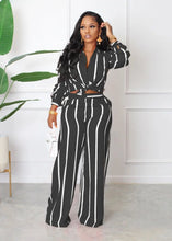 Women's Fashionable Strip Casual Two pieces Long Pants and Shirt