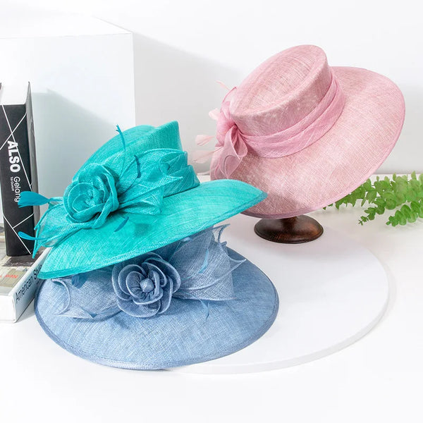 Luxury Blue Sinamay Church Hat For Women Elegant Feather Wedding Bridal Bowler Hats Cocktail Party Derby Cap Chapeau Femme