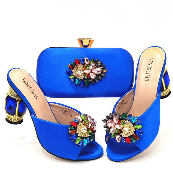 2022 Yellow Color Luxury Rhinestone Heel Fashion Party Women's High Heels Elegant Evening Sandals Wedding Bags and Shoes with