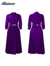 Mlaiscsr Purple Fashion Belt V-Neck Long Sleeve A-Line Pleated Dress Women Elegant Slim Evening Party Club Vestidos African Robe