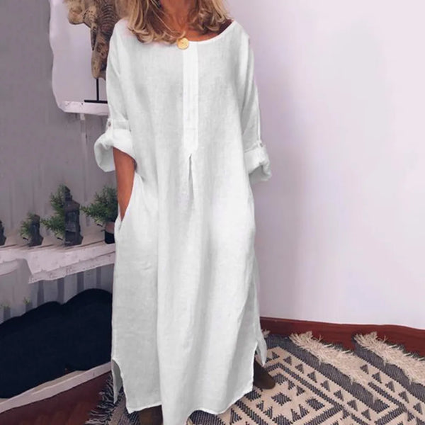Holiday Dresses For Women 2023 Plus Size Long Sleeve Solid O-neck Summer Maxi Dress With Pockets V Neck Dresses Платье Женское