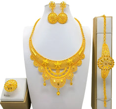 Fashion Dubai Flower Design Luxury 24k Gold Color Women's Jewelry Set African Fashion Bracelet Earrings Necklace Ring Four Piece
