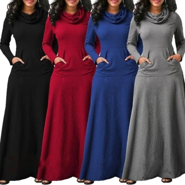 Women's Elegant Plus Size Maxi High Collar Long-sleeved Dress