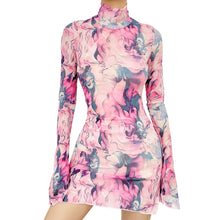 Top Selling Mesh Printed Round Neck Womens Dresses For Teens Plus Size Bell Sleeve Side Open Hip Dress Vestidos Para Mujer