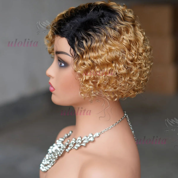 Ombre Blonde T1B27Pixie Cut Short Curly Bob Side Part Non Lace Front 100% Brazilian Human Hair Wigs