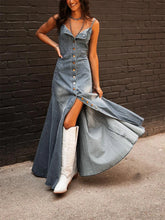Fashion Denim Sling Dress Summer Clothes Women Sleeveless Single Breasted Jean Long Dresses Casual Cowboy Strappy Dress Vestidos