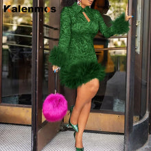 Vintage Mini Body-con Dress Women's Spring Feather Fall Sexy Bandage Long Sleeve Party Wear