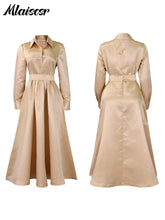 Mlaiscsr Lapel Button A Lint Khaki Mid Dress Women Elegant Office Long Sleeve Bandage Pocket Pleated Birthday Commuter Vestidos