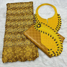 Gold 2.5yards Bazin Riche Fabric with 2.5yards  Cotton Lace Embroidery Fabrics and Collar African Materials For Sewing M5-509-1