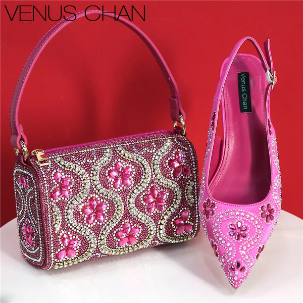Elegant And Sexy Fuchsia Color High Heels Shoes And Bag With Rhinestone Embellished Toe Is Comfortable Women's Shoes For Party
