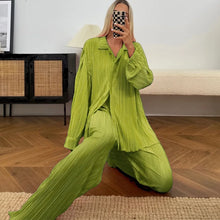 QFAF Fashion Pleated Women's Set Long Sleeve Oversized Shirt and Wide Leg Pants 2023 Elegant Tracksuit Two 2 Piece Set Outfits