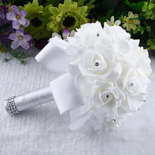 1Pc Rose Bouquet Bridal Wedding PE Foam Flower Ribbon Wedding Simulation Bouquet With Faux Crystal for Party Church Decor