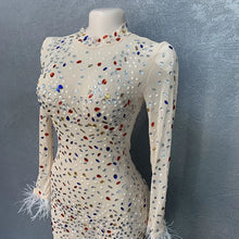 CM.YAYA Vintage Women Mesh See Though Crystal Feather Hem Long Sleeve Bodycon Midi Maxi Long Dress Sexy Party Club Dresses
