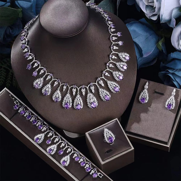 2024 Clever Dubai Water Drop 4-piece Necklace and Earring Set with Cubic Zirconia Jewelry for Women's Wedding Party Gifts