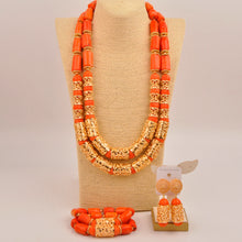 Natural coral beads orange necklace set for stylish Nigerian wedding couple African jewelry
