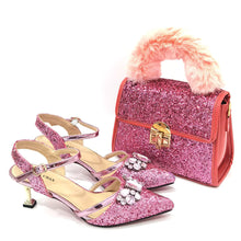 Women's Italian Fashion Peep Toe Pump Shoes with Matching Bag Set for Wedding And Party Med Heel Bling Embellished Mary Janes