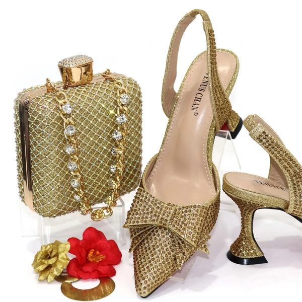 Gold  Women Shoes And Bag Set 2024 African Ladies Pointed Toes Pumps Match With Handbag Sandals Sandales Escarpins Femme CR932