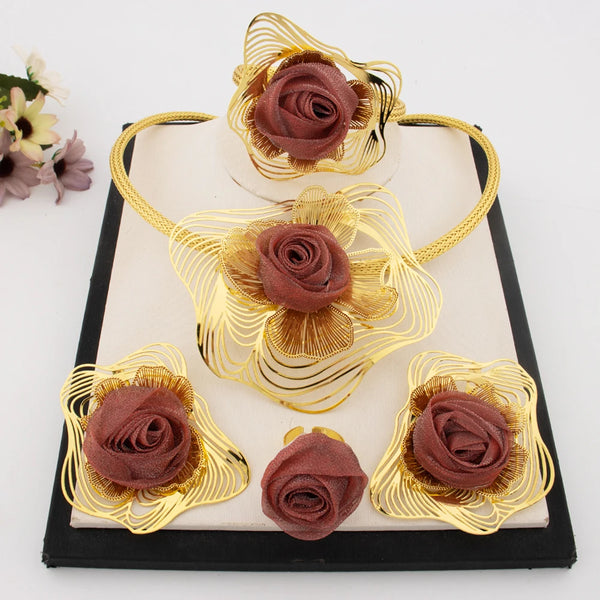 Women Gold Color Jewelry Set Braided Red Rose Design Large Pendant Unique Earrings Dubai Arab Fashion Ring Bracelet Party Gift