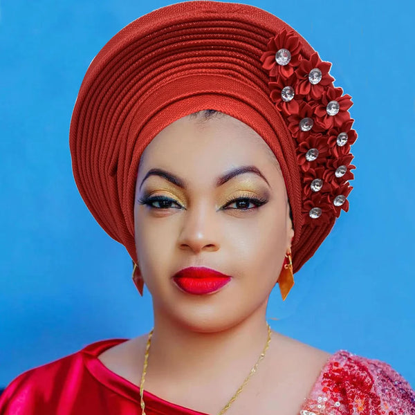 2024 New African Headtie Turban Nigeria Head Ties with Flowers Already Made Auto Gele Women Head Wraps for Wedding Party