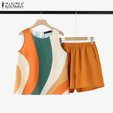 ZANZEA 2025 Summer Printed Tanks Short Suit Women 2PCS Short Sets Holiday Stitching Pleats Outfits Casual Loose Matching Sets