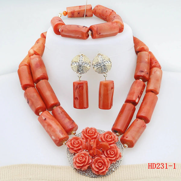 Double Layeres Original Coral Nigerian Wedding Beads Jewelry Set Women Coral Costume Necklace Set