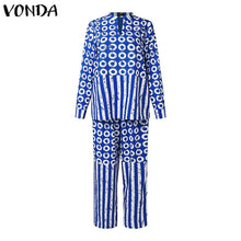 Plus Size 5XL VONDA Women Matching Sets 2024 Fashion Long Sleeve Suits Polka Dot Striped Shirts And Elastic Waist Pant Sets