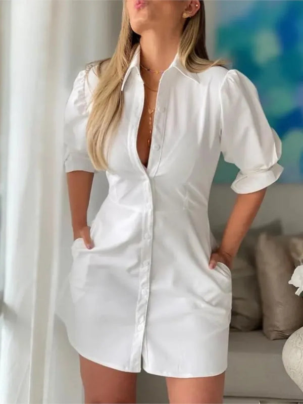 Summer Fashion White Turn-down Collar Shirt Mini Dress Elegant Women Casual Lantern Sleeve Button Pocket High Waist Slim Dresses